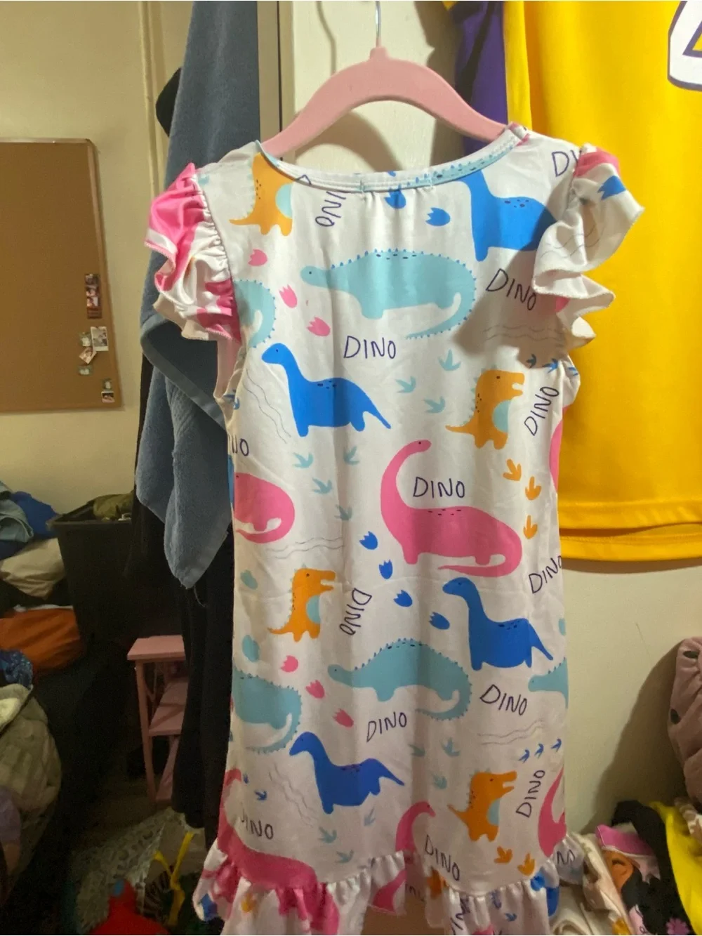Girls' Dino Print Nightgown - White with Pink, Blue & Yellow